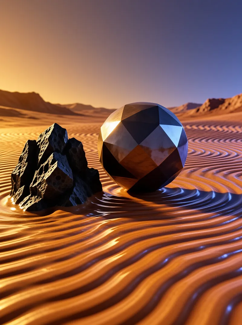 A faceted geometric sphere rests beside a porous dark stone on undulating orange desert terrain bathed in warm sunset lighting that contrasts with the cooler blue sky above.