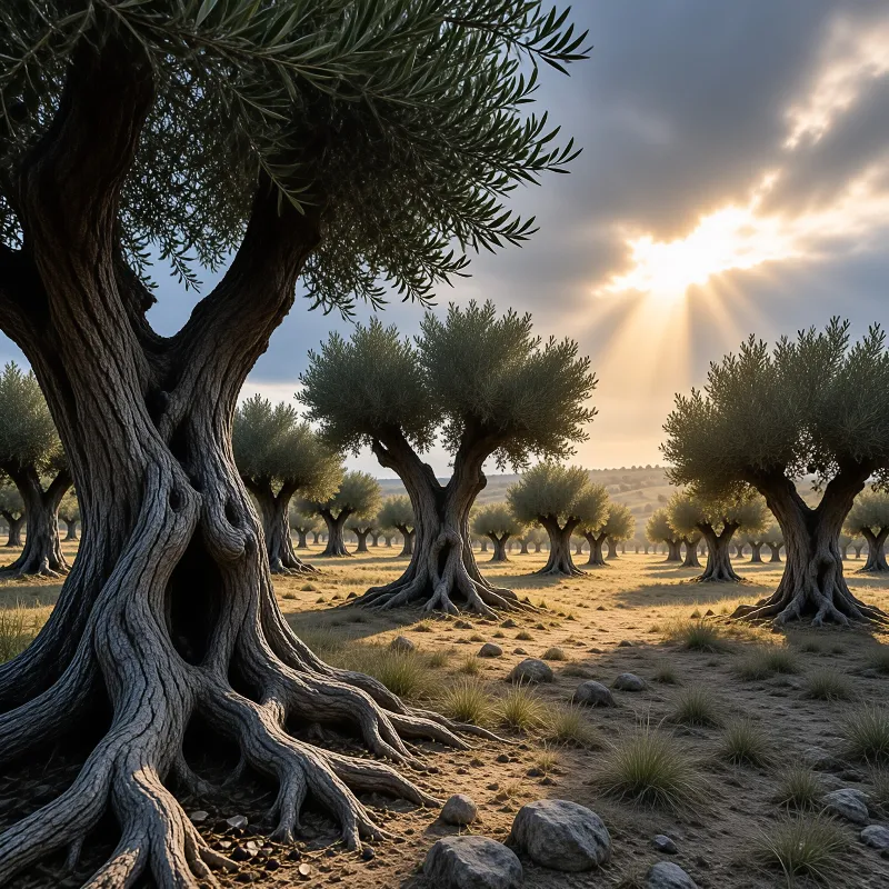 Gnarled olive trees with spreading roots stand in rows as sun rays break through clouds over dry hills.