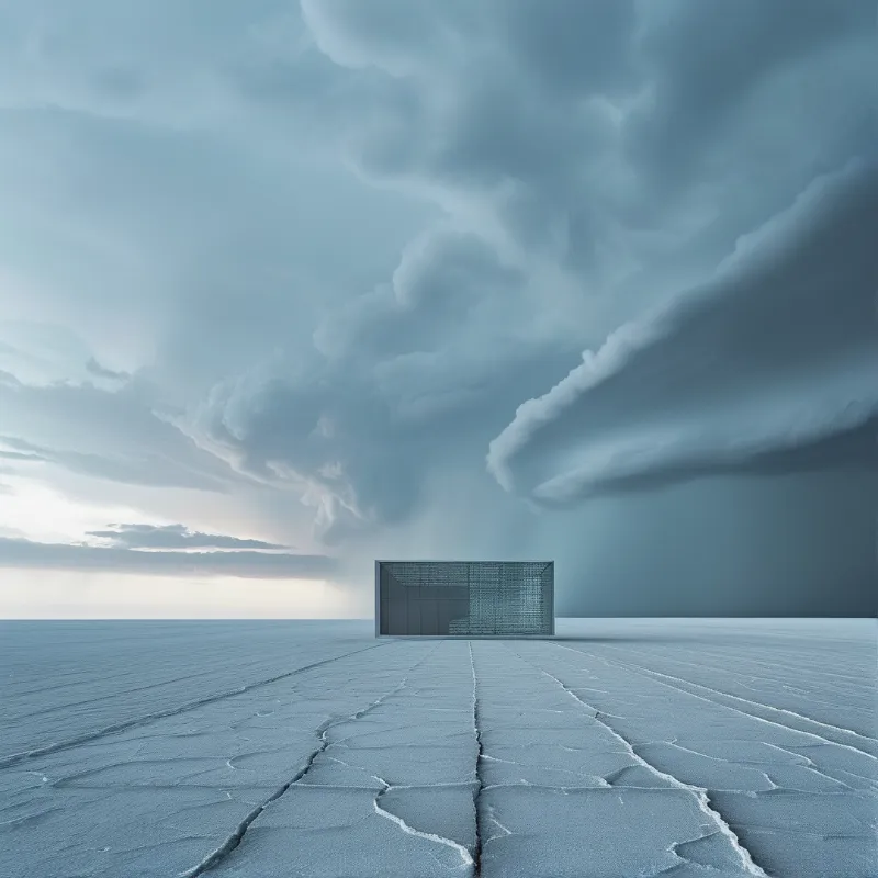 A small wire cage sits centered on a cracked white salt flat under a moody cloudy sky.