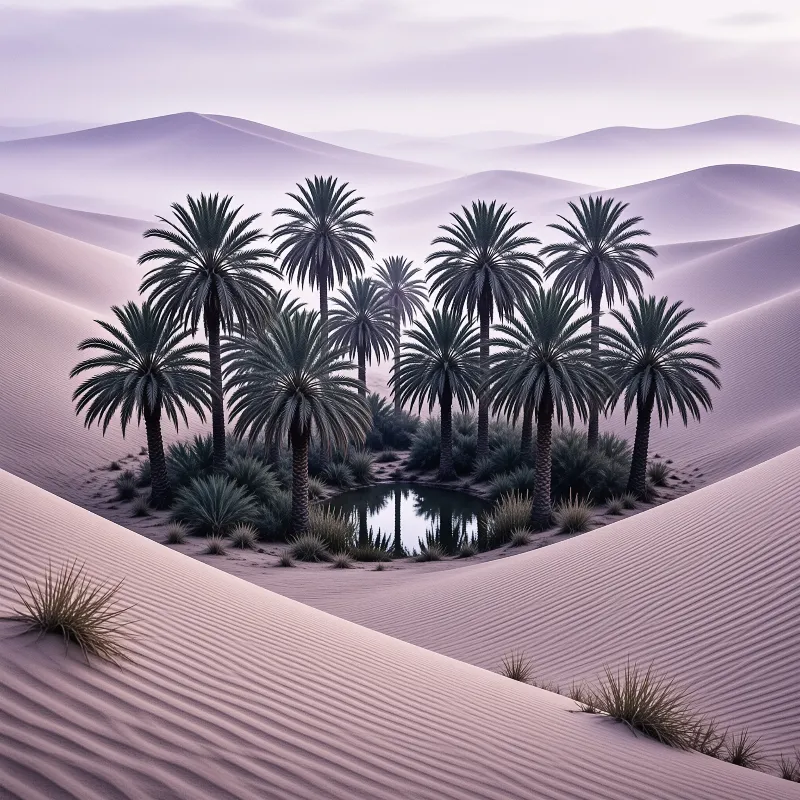 A group of tall palm trees surrounds a small pool of water nestled within rolling purple sand dunes under a soft sky.