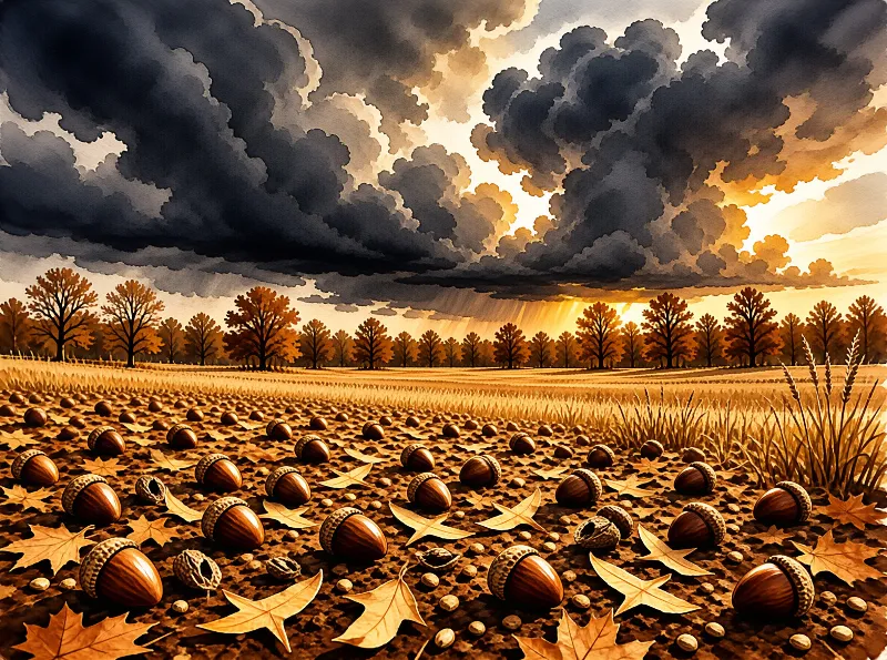 Acorns and fallen leaves litter brown earth before a golden field and rust-colored treeline beneath heavy clouds.