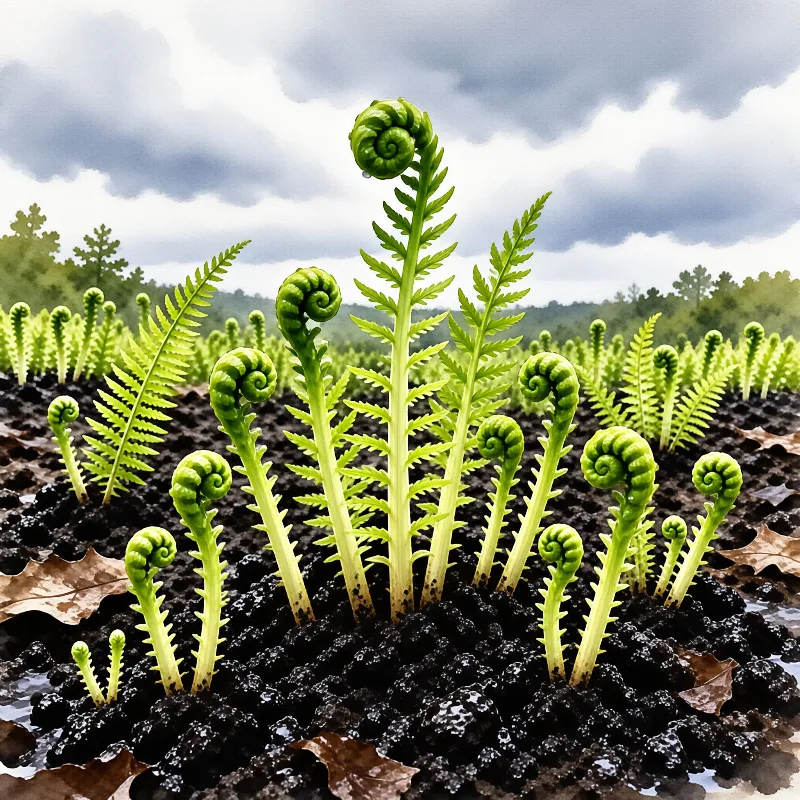 Curly green fern fronds emerge from moist black soil beneath a grey and white sky.