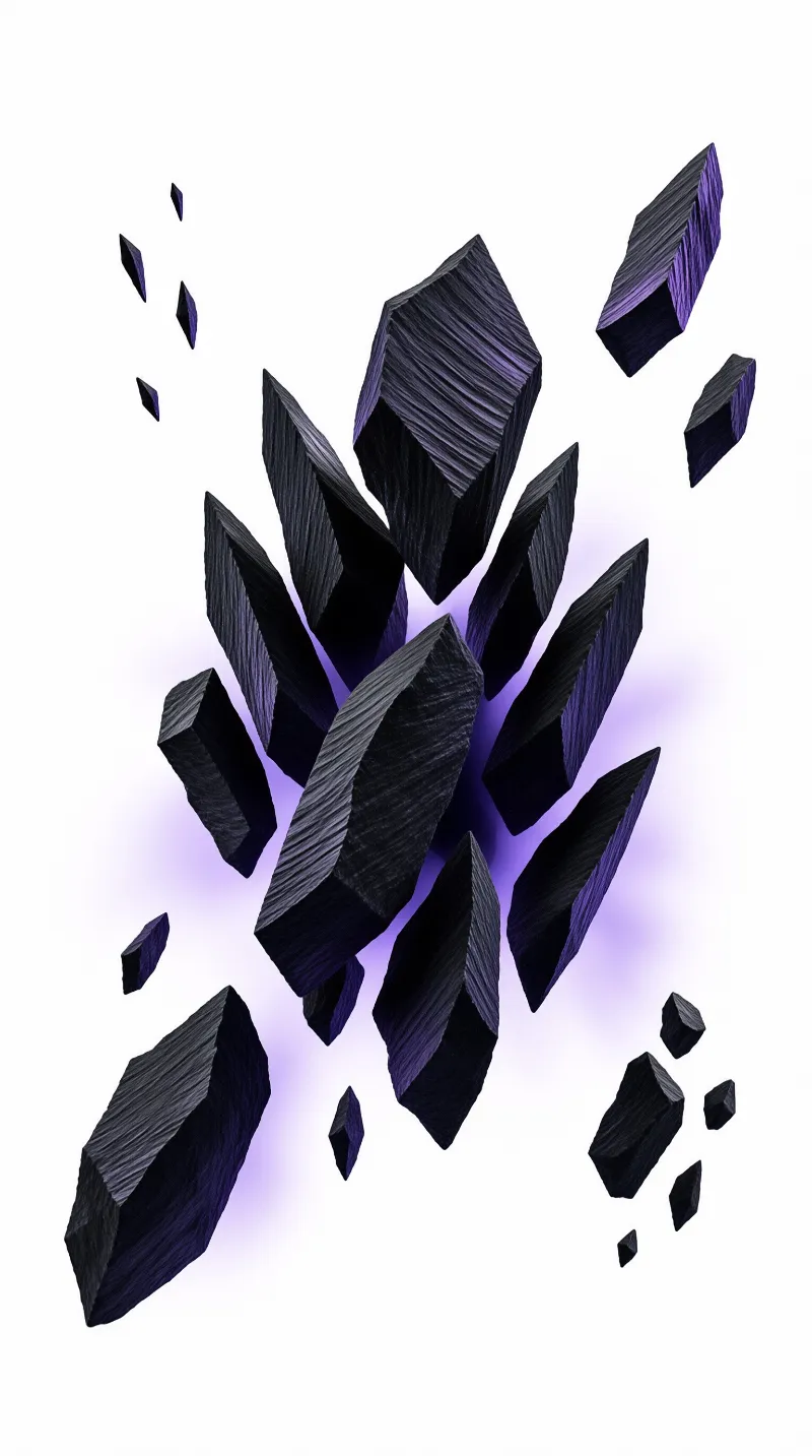 Jagged black crystal fragments hover in a cluster surrounded by a soft violet glow against a white background.