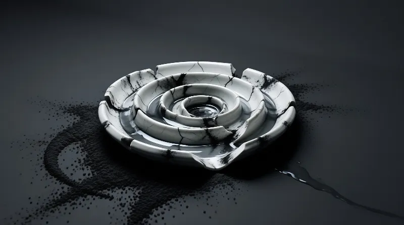 A fractured white and black spiral shaped ceramic dish holds liquid water atop a scattering of fine black granular powder on a dark grey surface