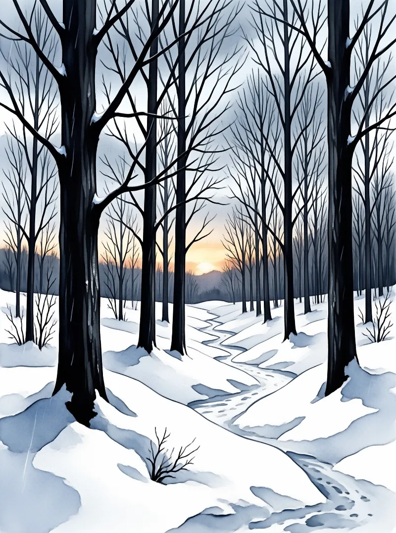Bare black trees stand in snow at dusk, a winding icy stream leading toward an orange sunset glow on the horizon.
