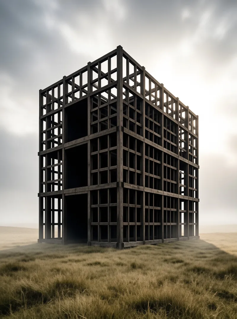 An unfinished three-story wooden house frame stands alone in a vast grassy plain under a cloudy sky.