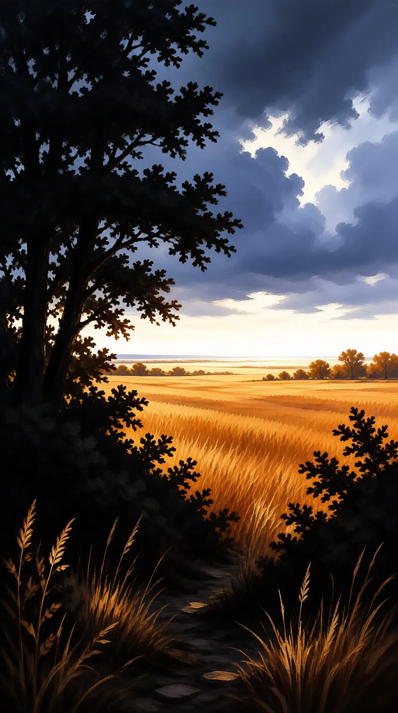 A path between shadowed trees opens onto ripe golden grain under heavy blue storm clouds bright with the last sunlight.