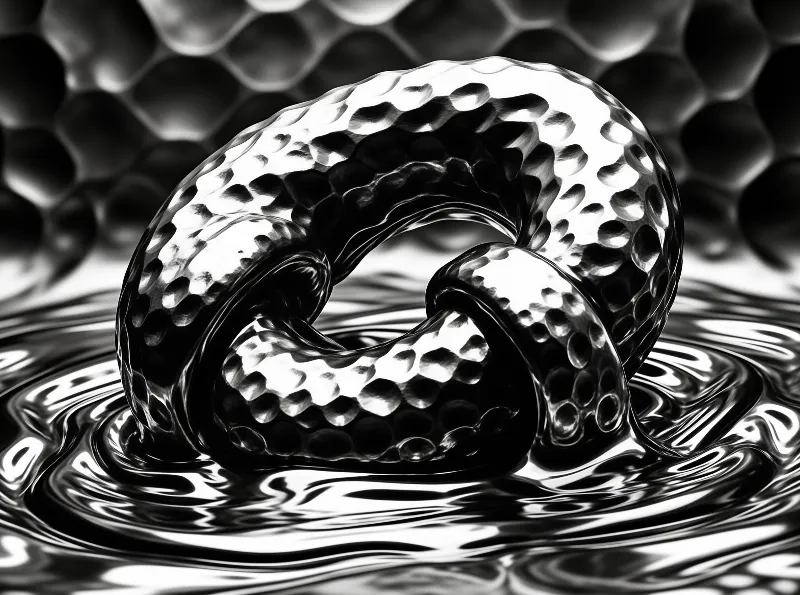 A dimpled metallic ring sits in a pool of rippling mercury rendered in stark black and white.