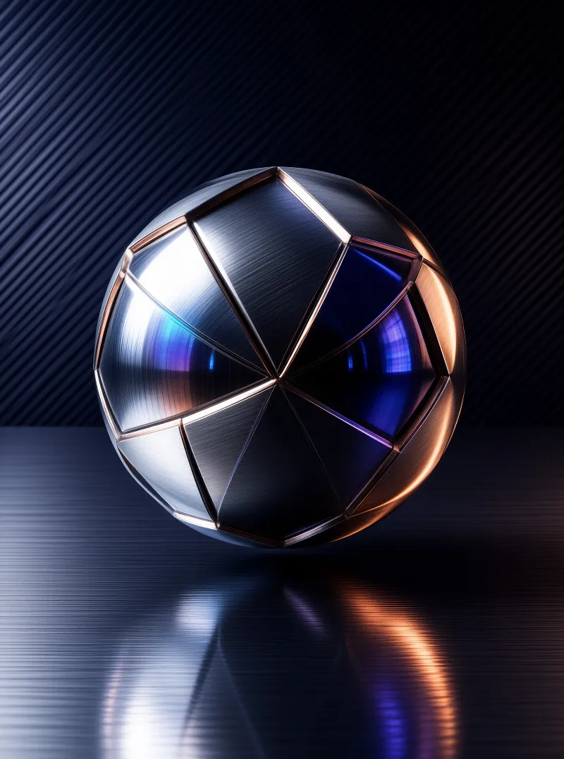 A faceted metal sphere rests on a glossy floor reflecting blue and copper tones under diagonal lighting.