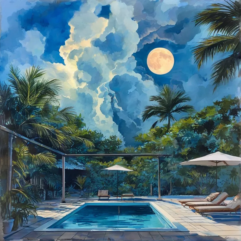 Loungers and parasols frame a rectangular pool ringed by palms, with a bright moon breaking through heavy cloud.