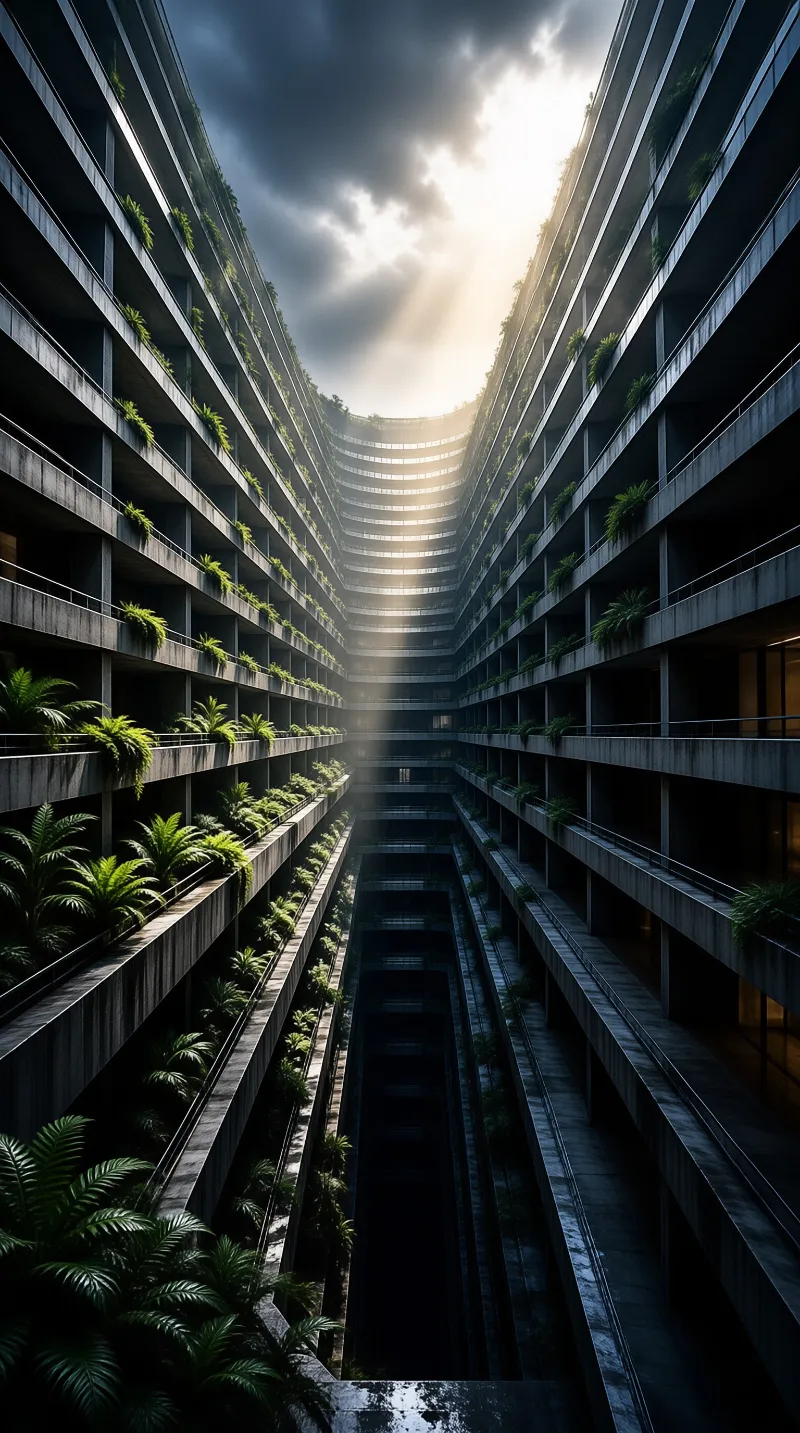 Stacked curved residential floors rise toward a bright break in storm clouds, each ledge planted with trailing green ferns.