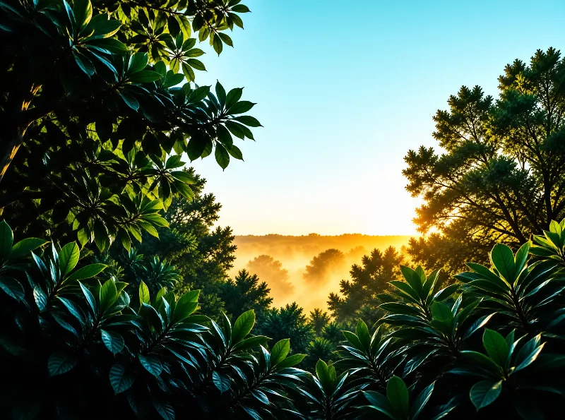 Dark green leaves frame a valley filled with golden mist and sunlit tree tops beneath a clear blue sky.