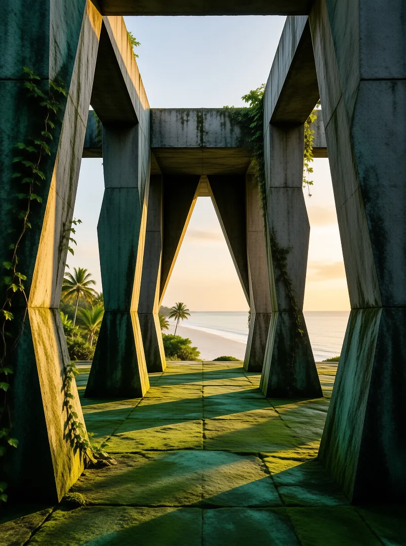 Weathered concrete pillars draped in vines frame a view of a palm-lined beach and ocean under warm golden sunlight.