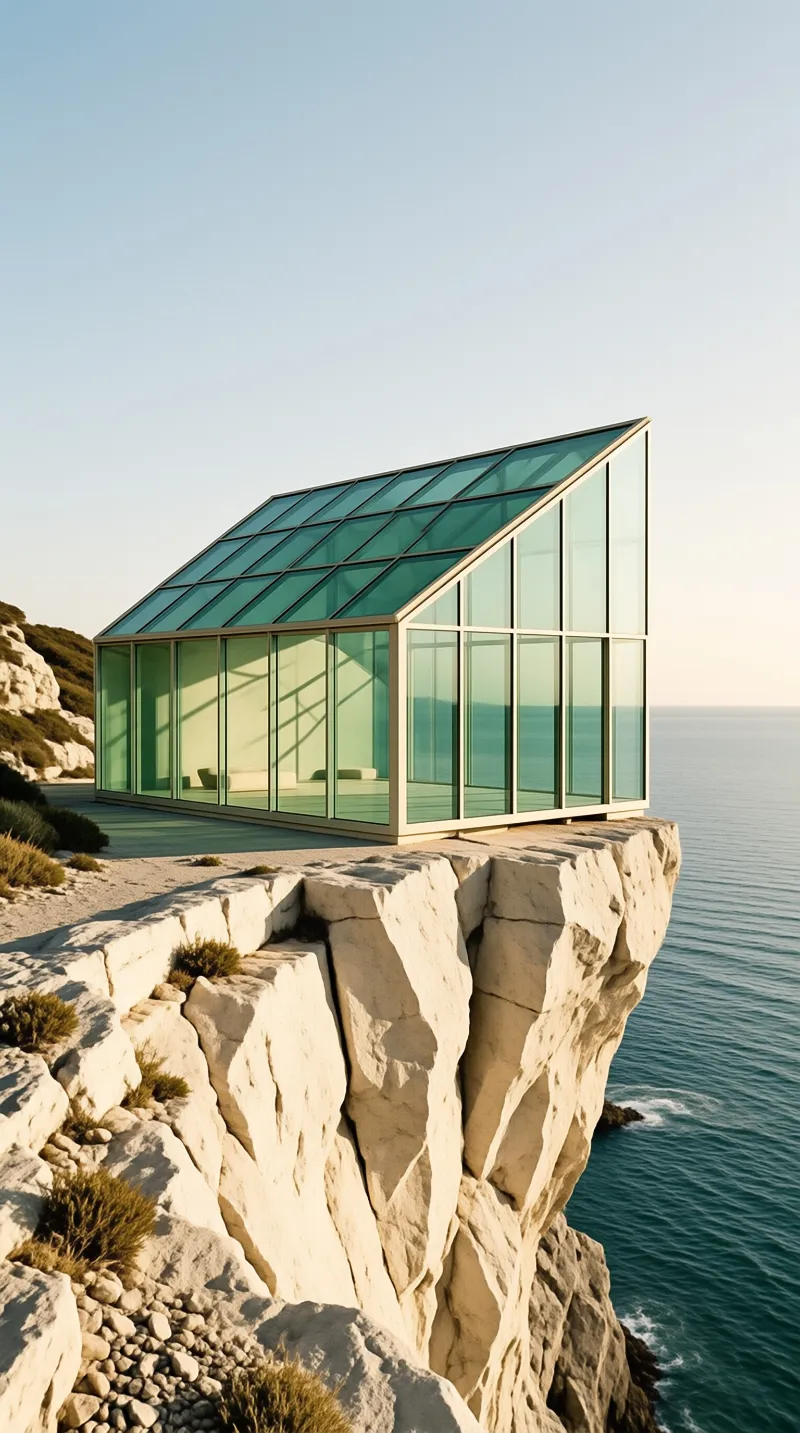 A modern green tinted glass cabin with a slanted roof sits on a white limestone promontory overlooking a calm turquoise sea.