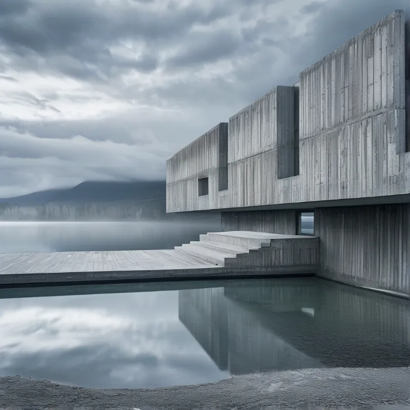 A massive concrete building stands beside a calm lake featuring misty mountains and perfect water reflections.