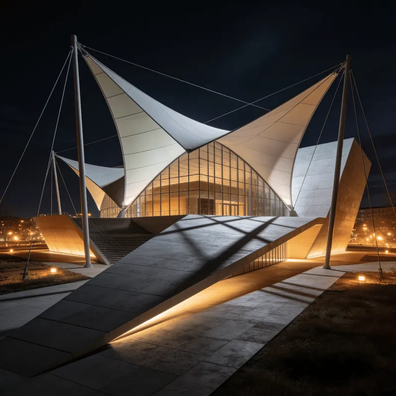 Museum with Tensile Structure — Night With Warm Lights