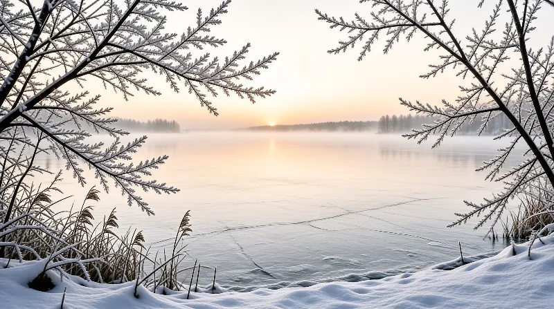 Snow covered branches frame a view of a misty frozen lake at sunrise.