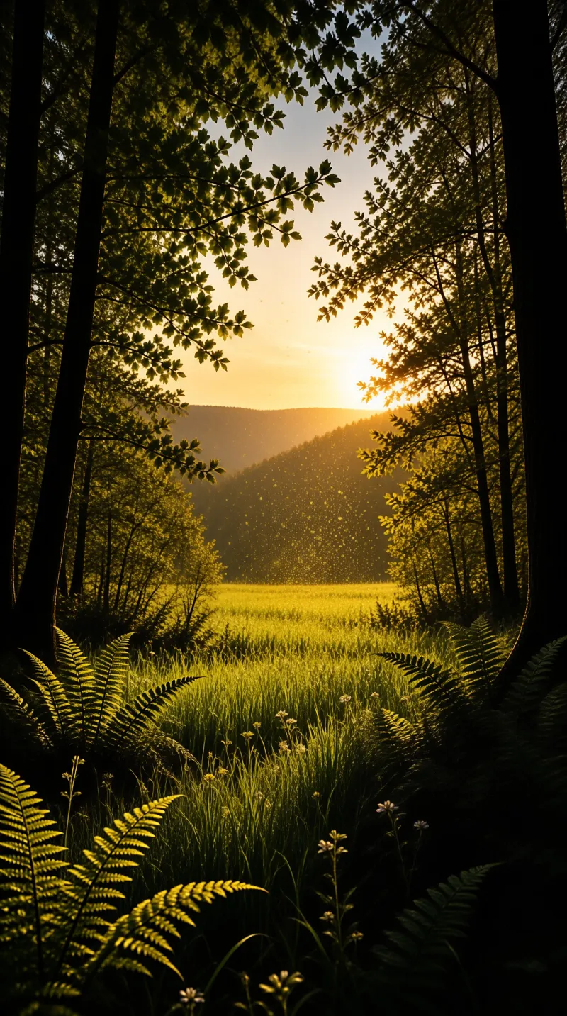 Golden hour light filters through dark trees onto a bright grassy field backed by misty mountains.