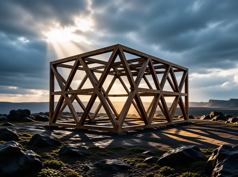 A wooden geometric frame stands on rocky ground with sunbeams piercing through heavy clouds in the background.