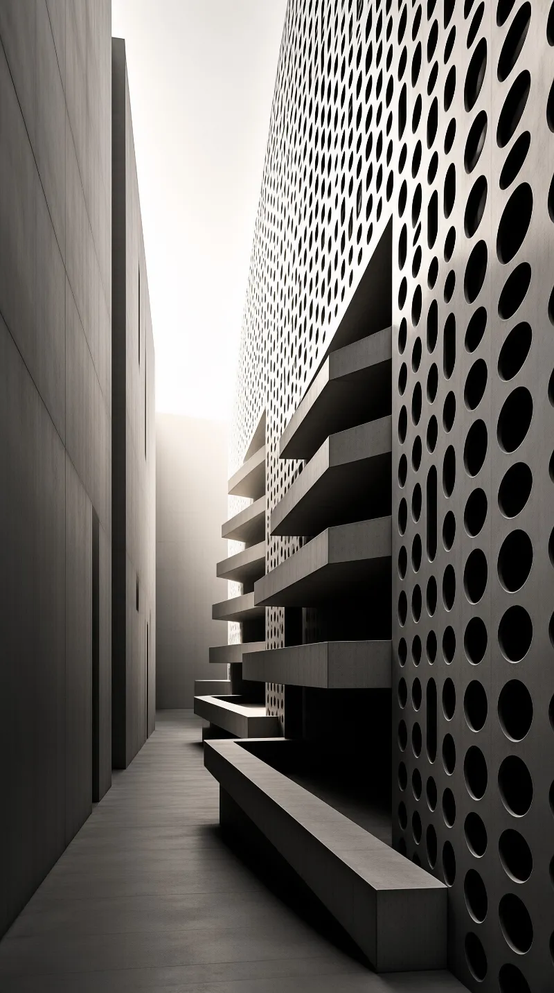Rows of punched circular holes climb a curved wall above stacked concrete benches in a hushed monochrome passage.