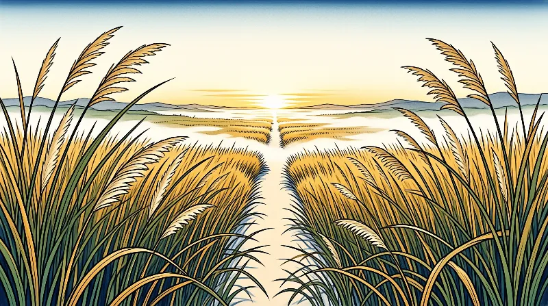 Tall grasses frame a misty agricultural field where crop rows lead towards a bright sunrise over distant blue mountains.