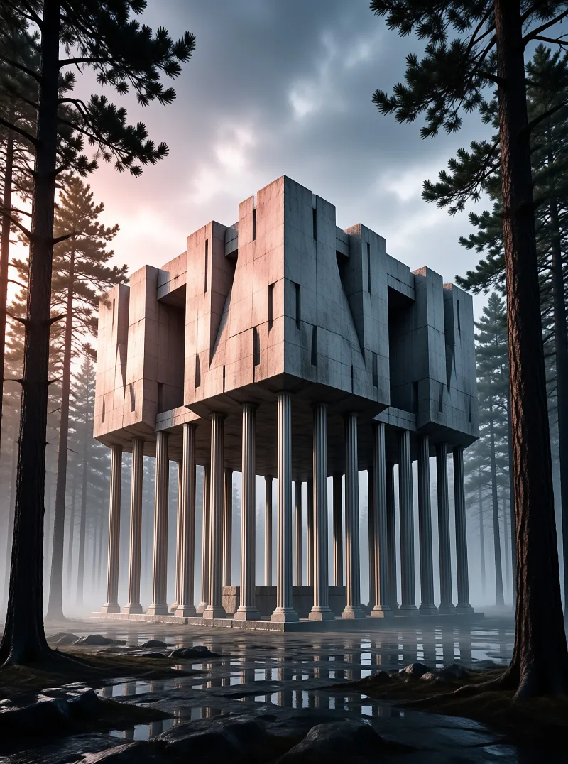 A huge concrete monument stands on tall columns within a foggy pine forest with water reflections nearby.