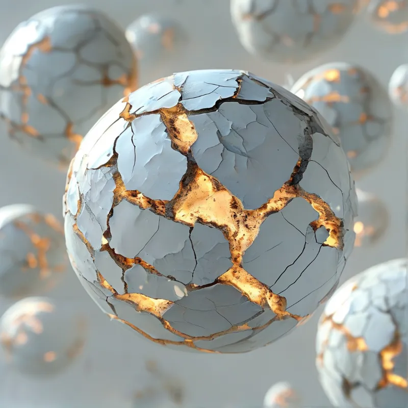 Spherical objects with cracked pale blue shells reveal textured golden interiors while floating in a blurred white space.