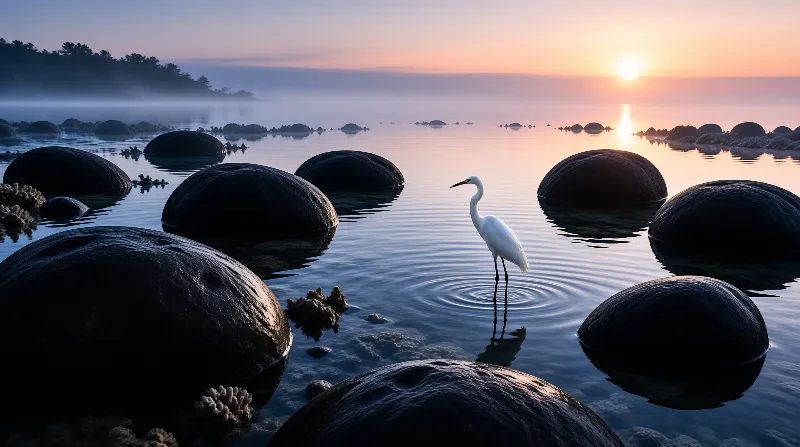 A white egret stands in calm water surrounded by large dark boulders during a misty sunrise.