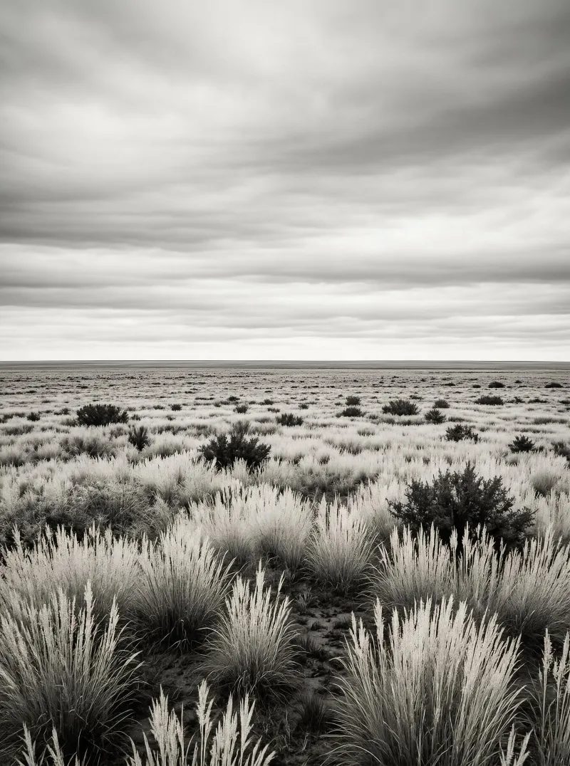 A vast landscape of tall grasses and scattered shrubs in an open plain, under a heavy layer of clouds that cast a muted light across the scene