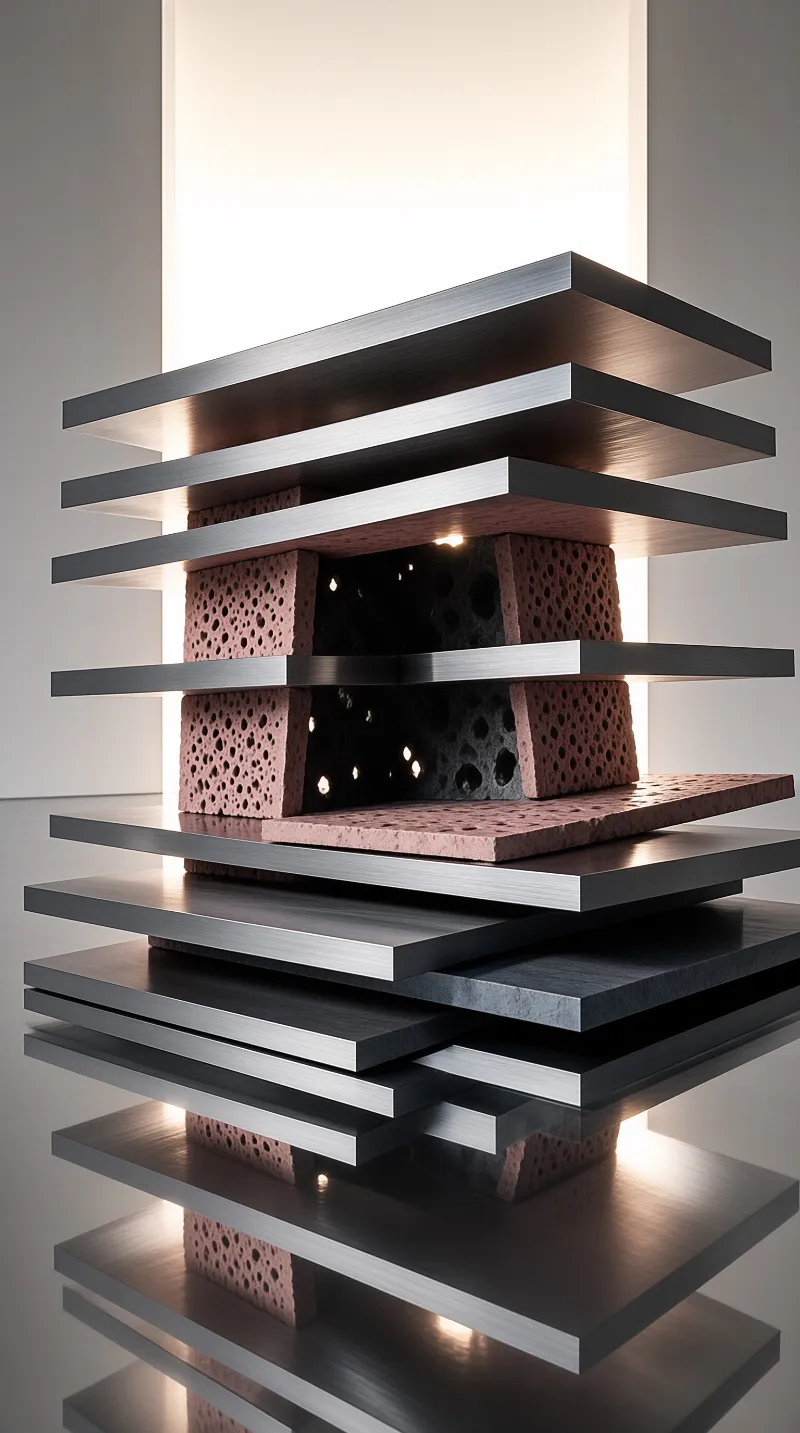 A vertical stack of dark metal plates surrounds a porous reddish-brown stone block with visible internal voids and holes.
