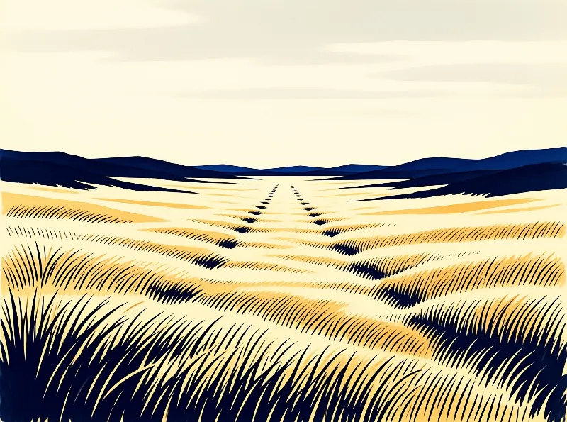 A stylized print shows sunlit dune grass and a narrow trail running toward distant indigo ridges.
