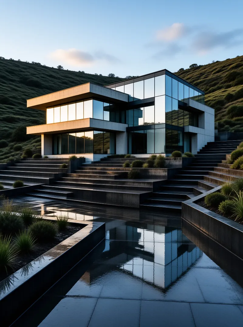 A sleek contemporary home features floor-to-ceiling windows overlooking a pool and terraced gardens.
