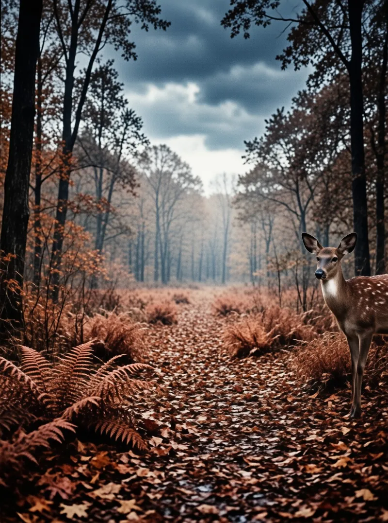 A spotted deer pauses on a leaf-strewn forest trail beneath a heavy gray autumn sky.