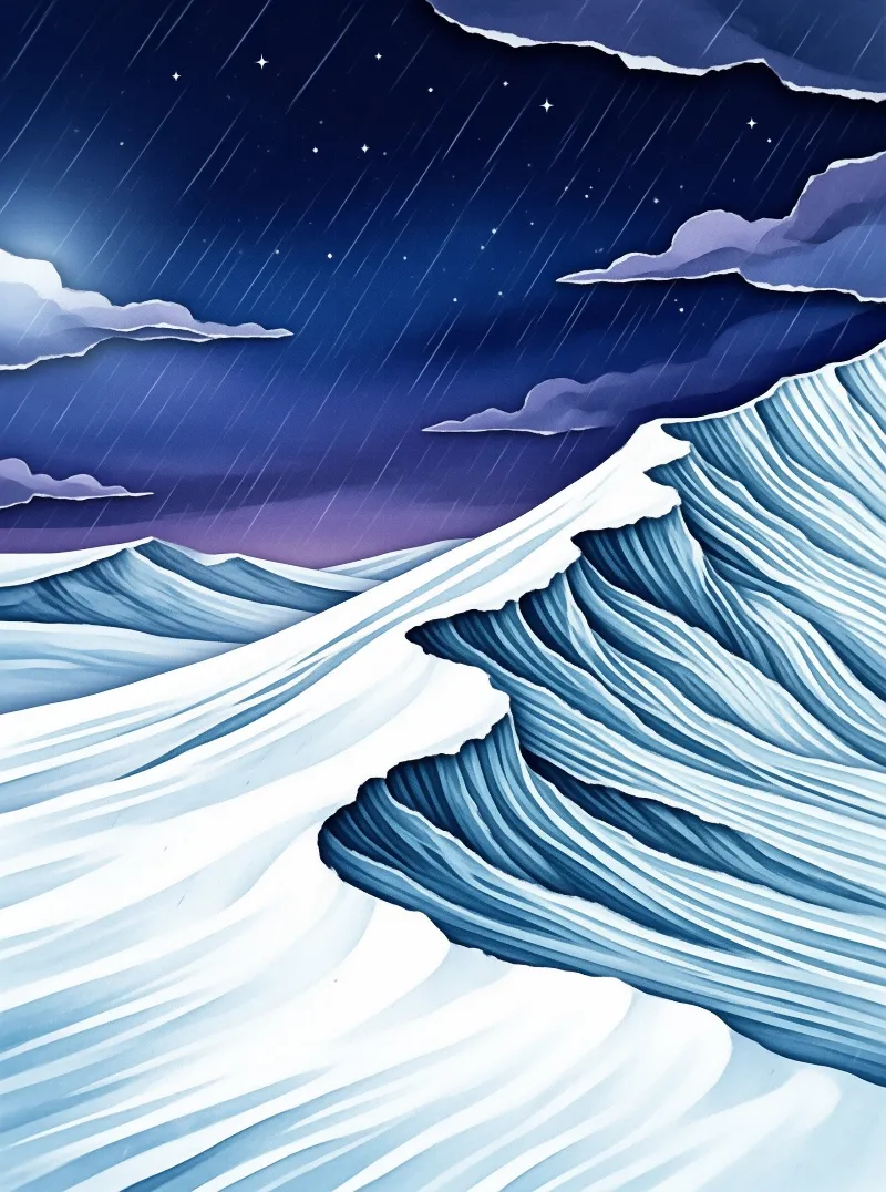 Layered illustration of blue ocean waves rising under a dark purple sky filled with rain and stars.