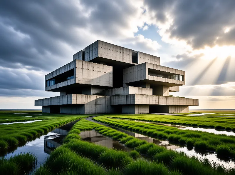 A large brutalist concrete building rises from green fields and water channels under dramatic clouds with sunbeams.