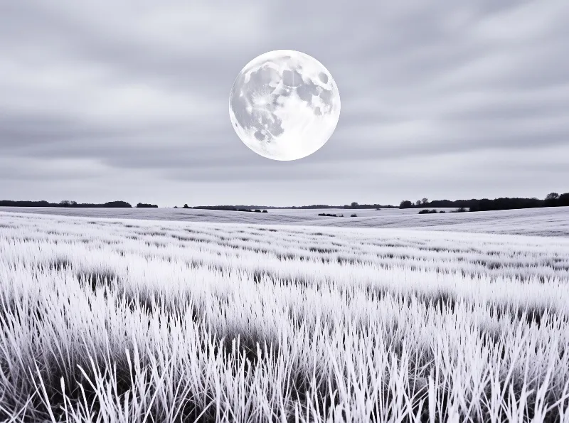 A large bright moon hangs over a vast field of frost-covered grass under a cloudy sky.