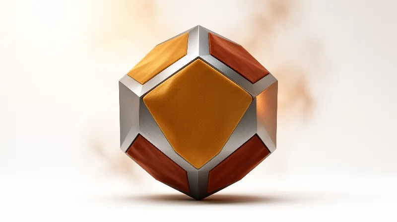 A faceted geometric object featuring brushed silver edges and warm yellow and reddish panels floats in soft white light.
