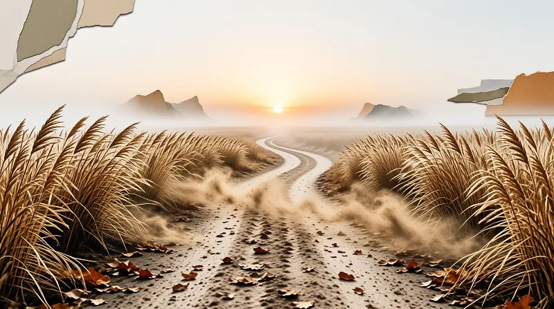 A dirt road curves between tall dry reeds while morning mist rises towards a glowing sun over distant mountains.