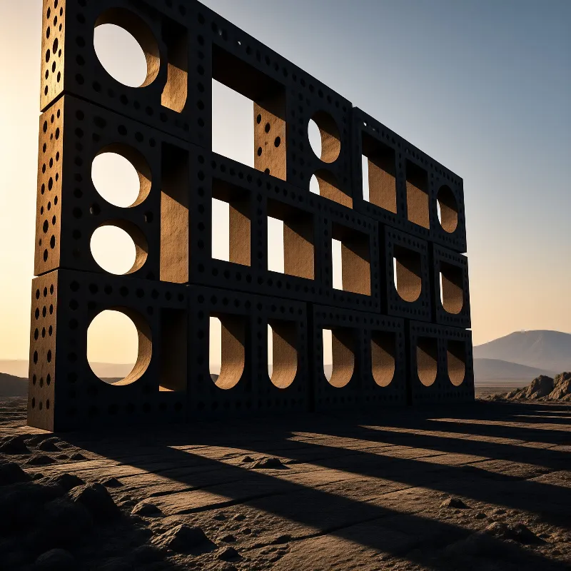 A large geometric installation made of perforated blocks stands in a rocky desert during golden hour casting long shadows.