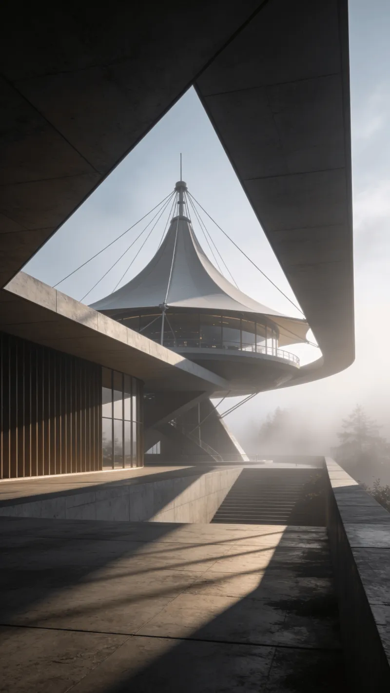 Observatory with Tensile Structure — Foggy Morning