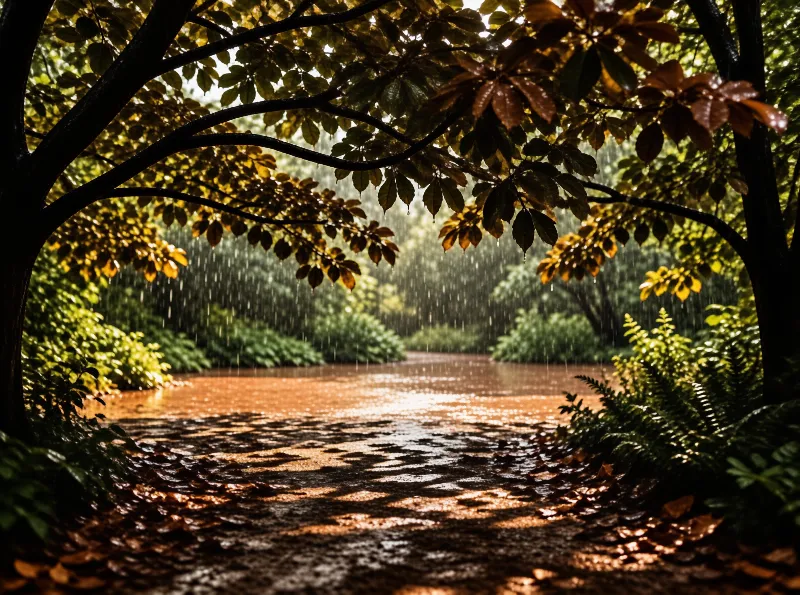 Wet forest path stretches into distance while rain falls through hanging branches creating golden reflections.