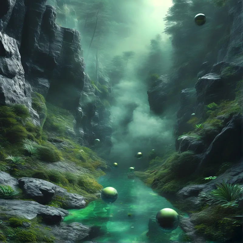 Green Misty Canyon with Orbs