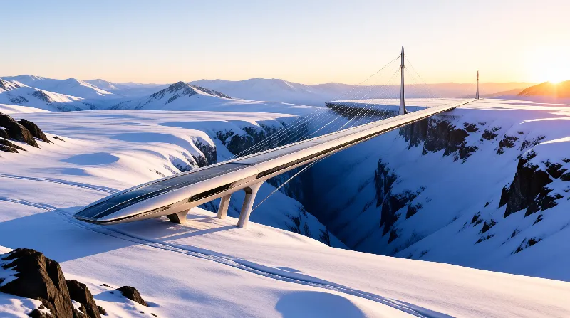 A long white bridge crosses a snowy valley with steep rock faces while sunrise illuminates the cables and distant mountain peaks.