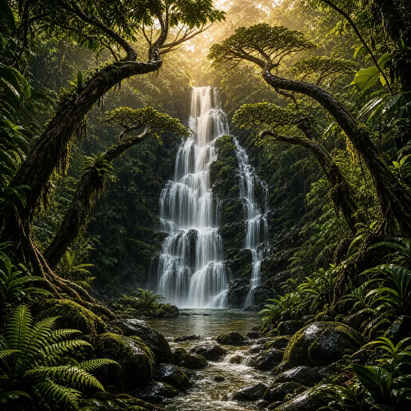 Sunlit Jungle Waterfall