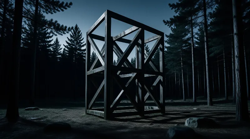 A large skeletal wooden cube stands isolated in a dark pine forest under dim twilight lighting with deep shadows.