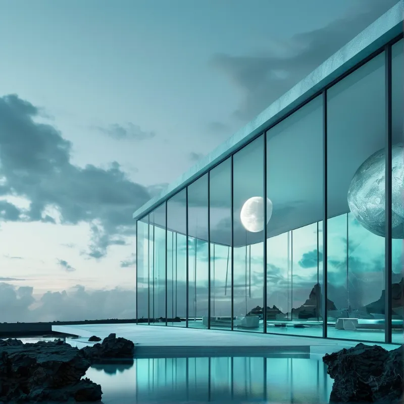 A floor to ceiling glass building sits by a calm dark rocky shore at dusk, its panes reflecting a bright full moon and cool cyan twilight sky.