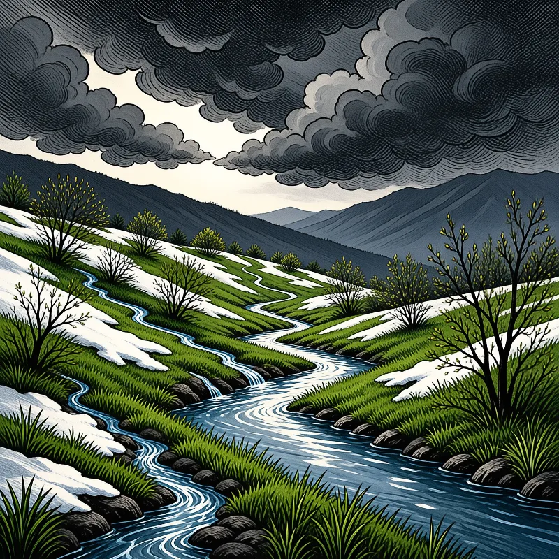 Blue river curving through snowy green hills while dark clouds loom over distant mountains in this stylized landscape.