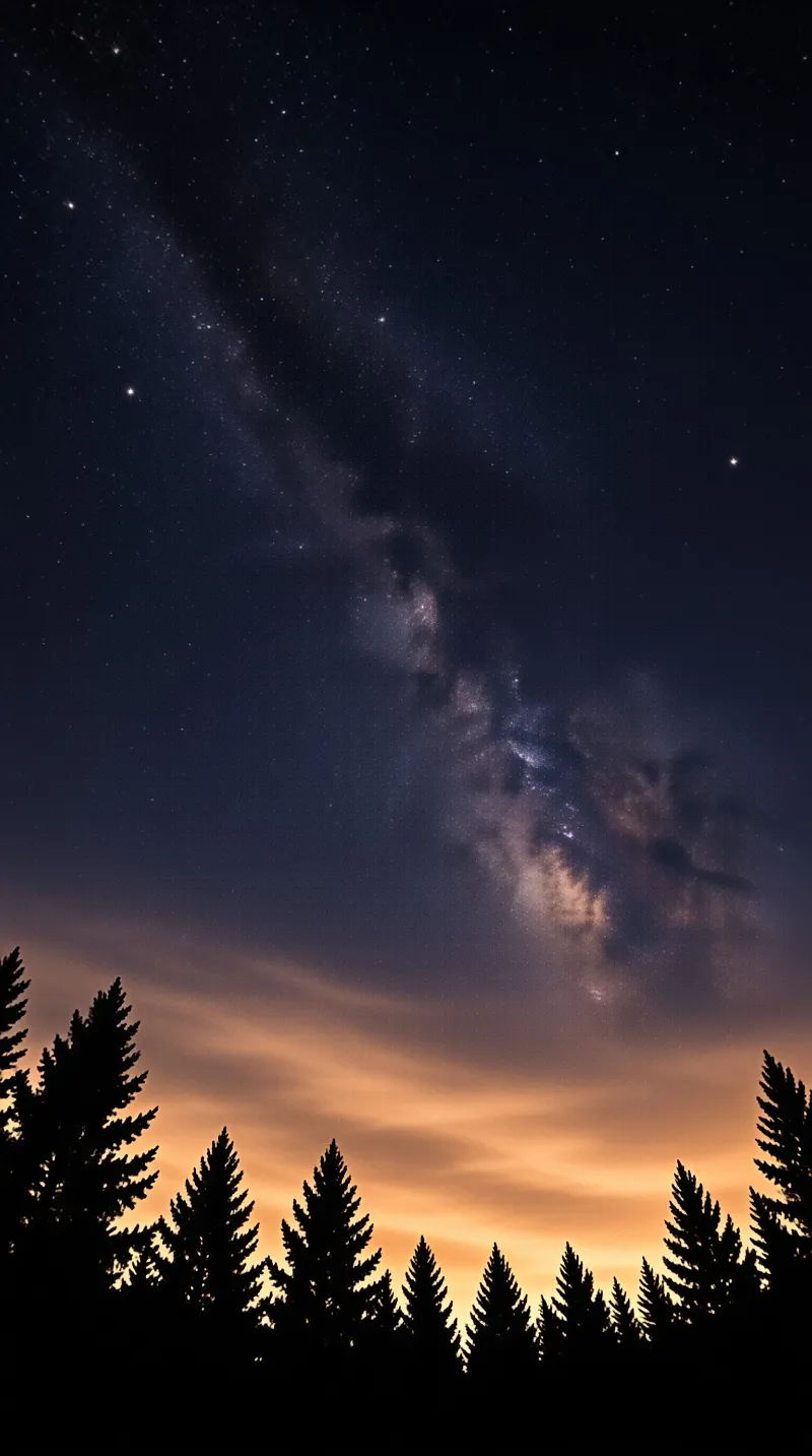 Star clouds and dark dust lanes tilt above a jagged line of firs lit from behind by a warm amber glow.