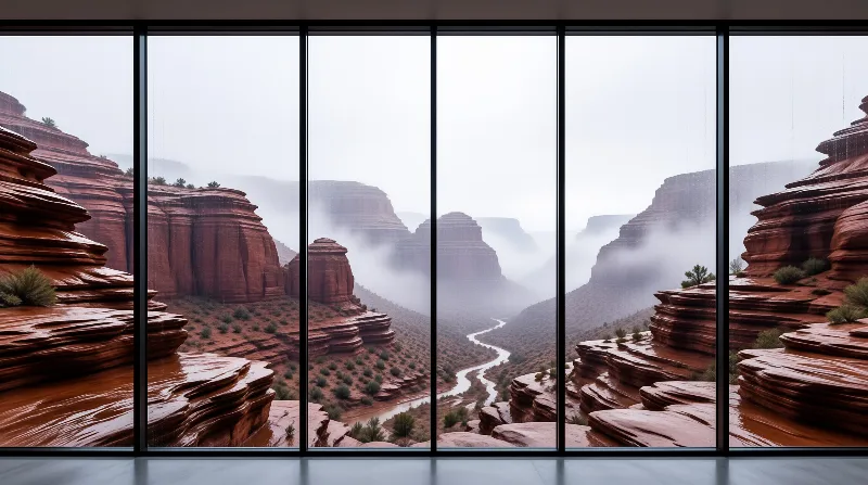 Vertical black window frames divide a view of rain slicked red sandstone formations and a misty river valley.
