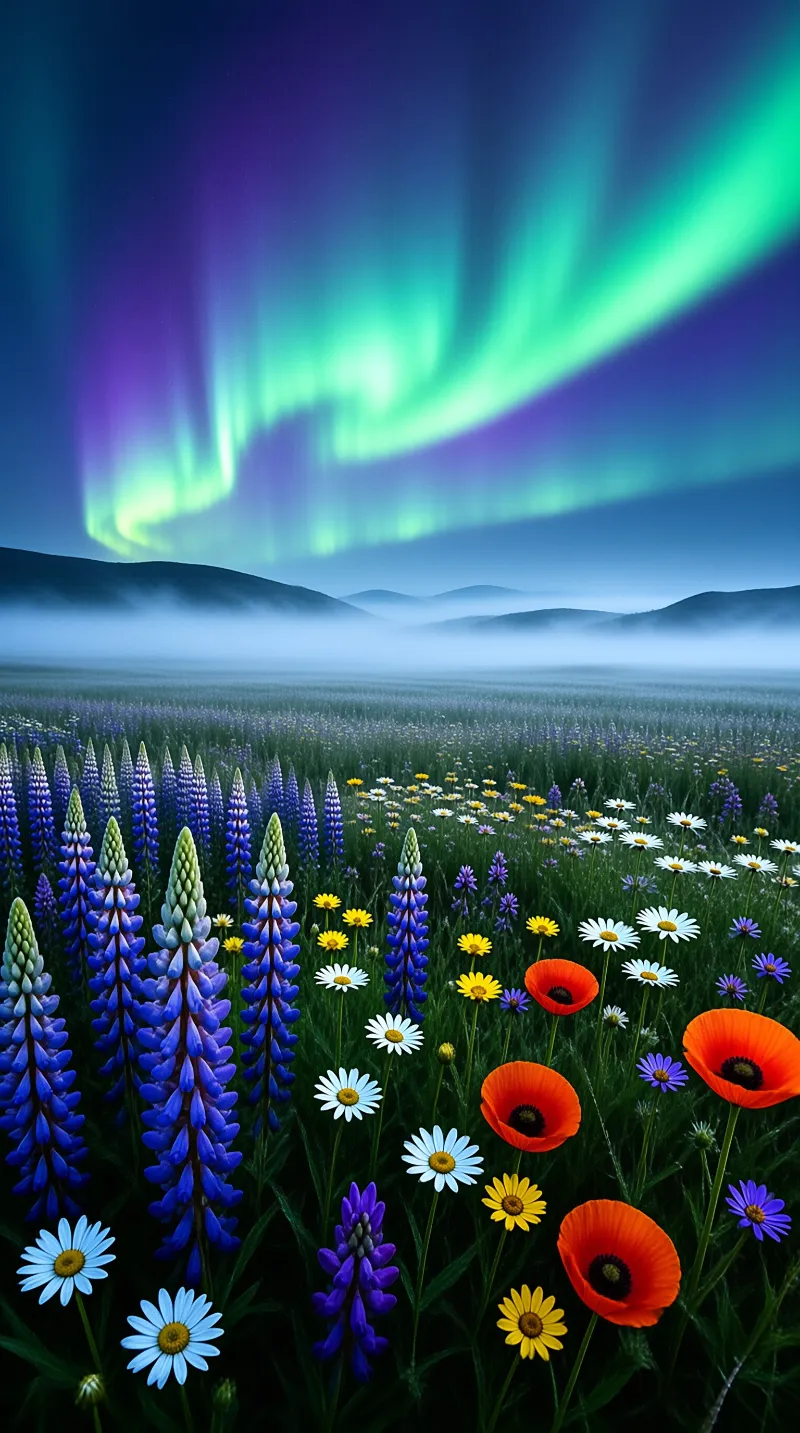 Aurora Over Flower Field